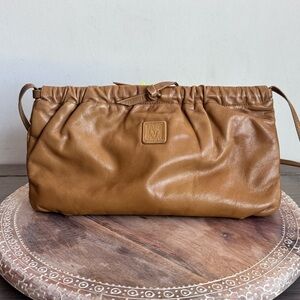 Vintage 70s 80s Anne Klein X Calderon Tan Leather Purse‎ Clutch Crossbody Hinged